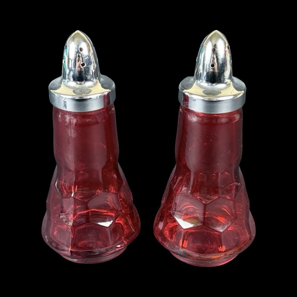 Vintage Viking Georgian Honeycomb Ruby Red Glass Salt & Pepper Shakers 5"